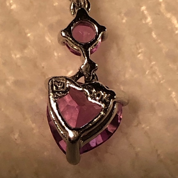 Pink Sapphire Triple Stone Heart Drop Pendant 10K - Picture 4 of 11